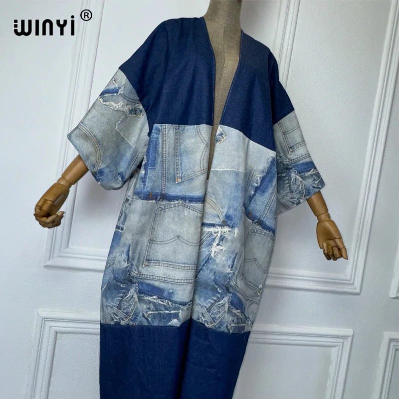 WINYI Kimono Printed denim patchwork wash denim Cardigan maxi Dress eleganckie wakacje pływanie okrycie plażowe Up modna sukienka abaya