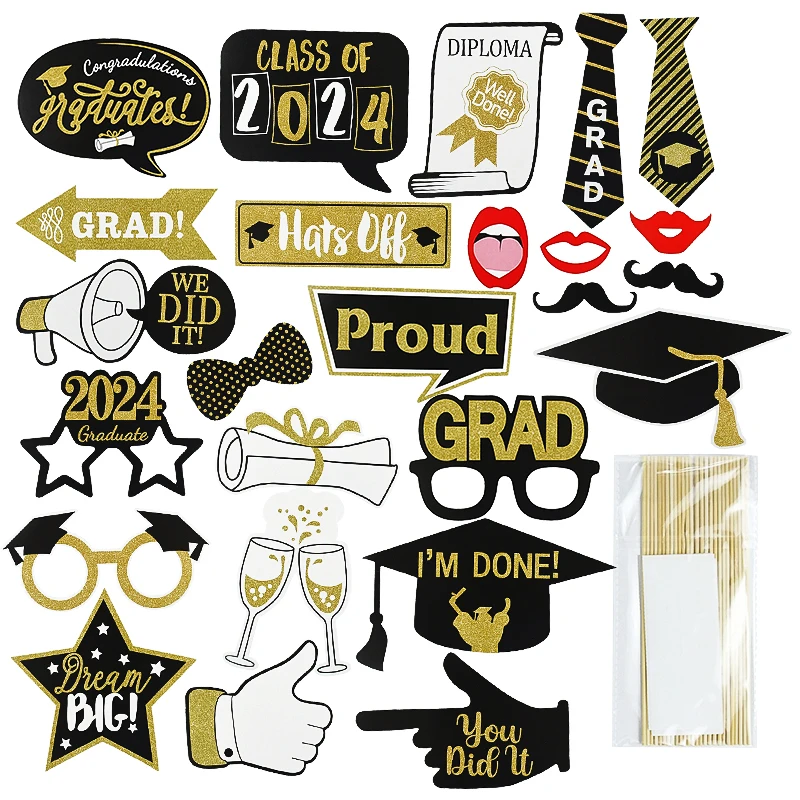 

25pcs Class Of 2024 Graduation Photo Booth Props Congrate Grad Bachelor Cap Photobooth Props For Graduation Season Party Decor