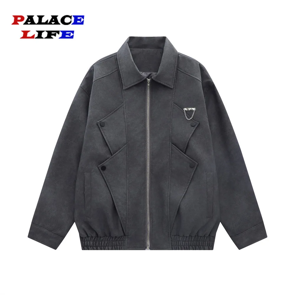 

American Vintage Men's Jacket Coat High Street Pu Leather Motorcycle Jackets with Zipper Lapel Loose Casual Short Jacket for Men