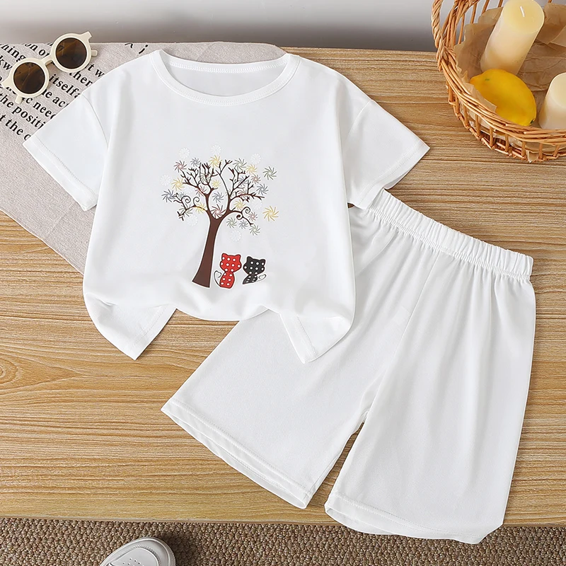 2-piece Summer Children's Multi-color Cute Cat Printed Short Sleeved Shorts Set For Boys And Girls Casual Versatile Top And Pant