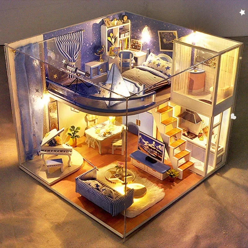 

DIY Handmade doll house music + LED light piano villa Duplex building wooden miniature dollhouse furniture telescope room toy