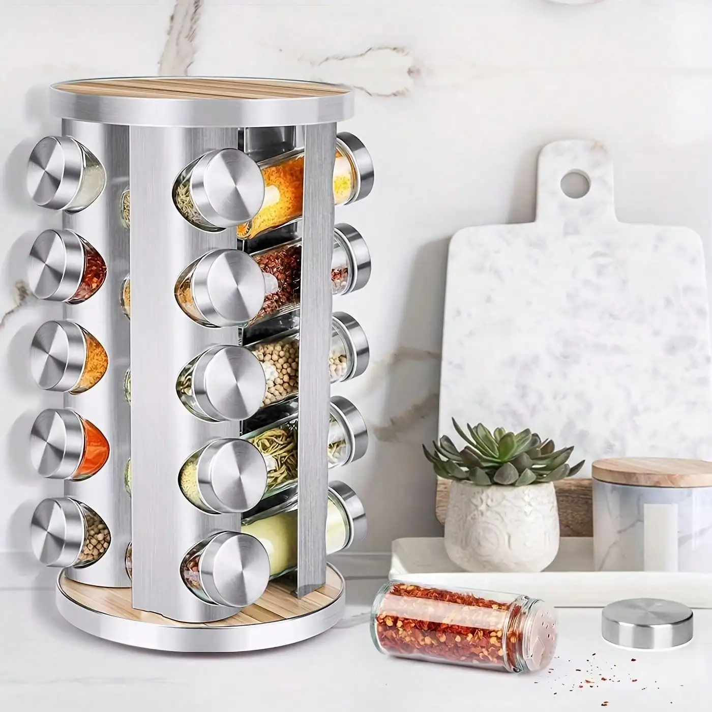 Spice Rack Organizer With Jars For Cabinet (20Pcs), 360° Turntable Seasoning Organizer With Labels, Stainless Steel Or Wooden Countertop Spice Tower, Funnel And Brush, Kitchen Essentials, Ideal Birthday Halloween  sh260519104324032896146