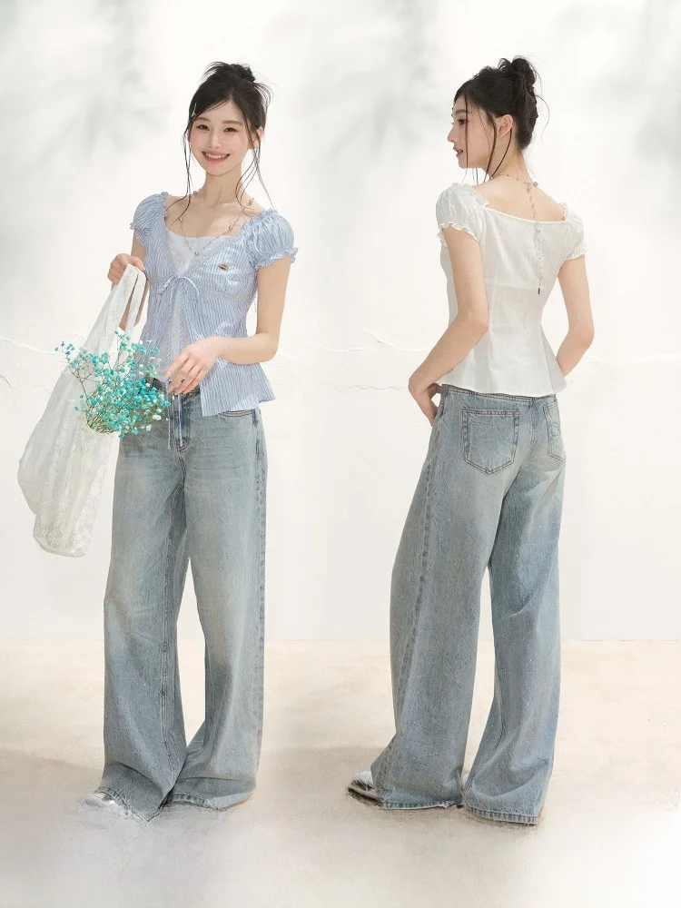 

ELEVEN SP Straight Leg Skinny Jeans Summer Korean Style Women's Loose High Waist Wide Leg Pants Glitter Thin Denim Skinnies