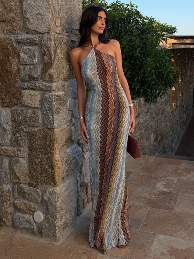 Weird Puss, farbenfrohes, langes Kleid für Damen, Sommer-Trend, Neckholder, schulterfreies Design, rückenfreies Modell, ideal für Urlaub, Strandpartys, eleganter Stil, Vestidos. – Detail 12
