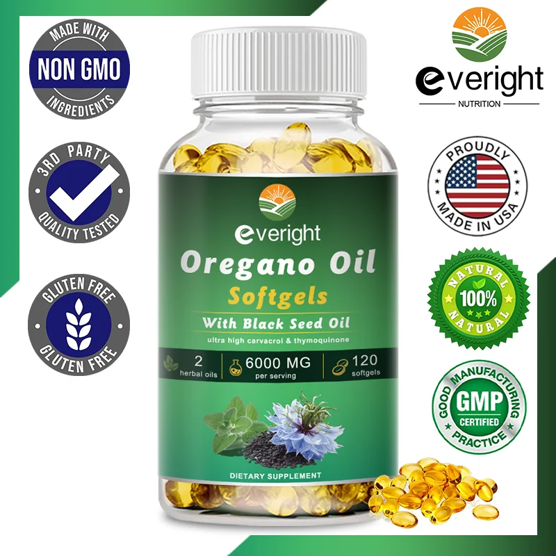 Organic Oregano Oil Capsules with Black Seed Oil for Antioxidant, Digestive, Balances Intestinal Flora, Immune System Health