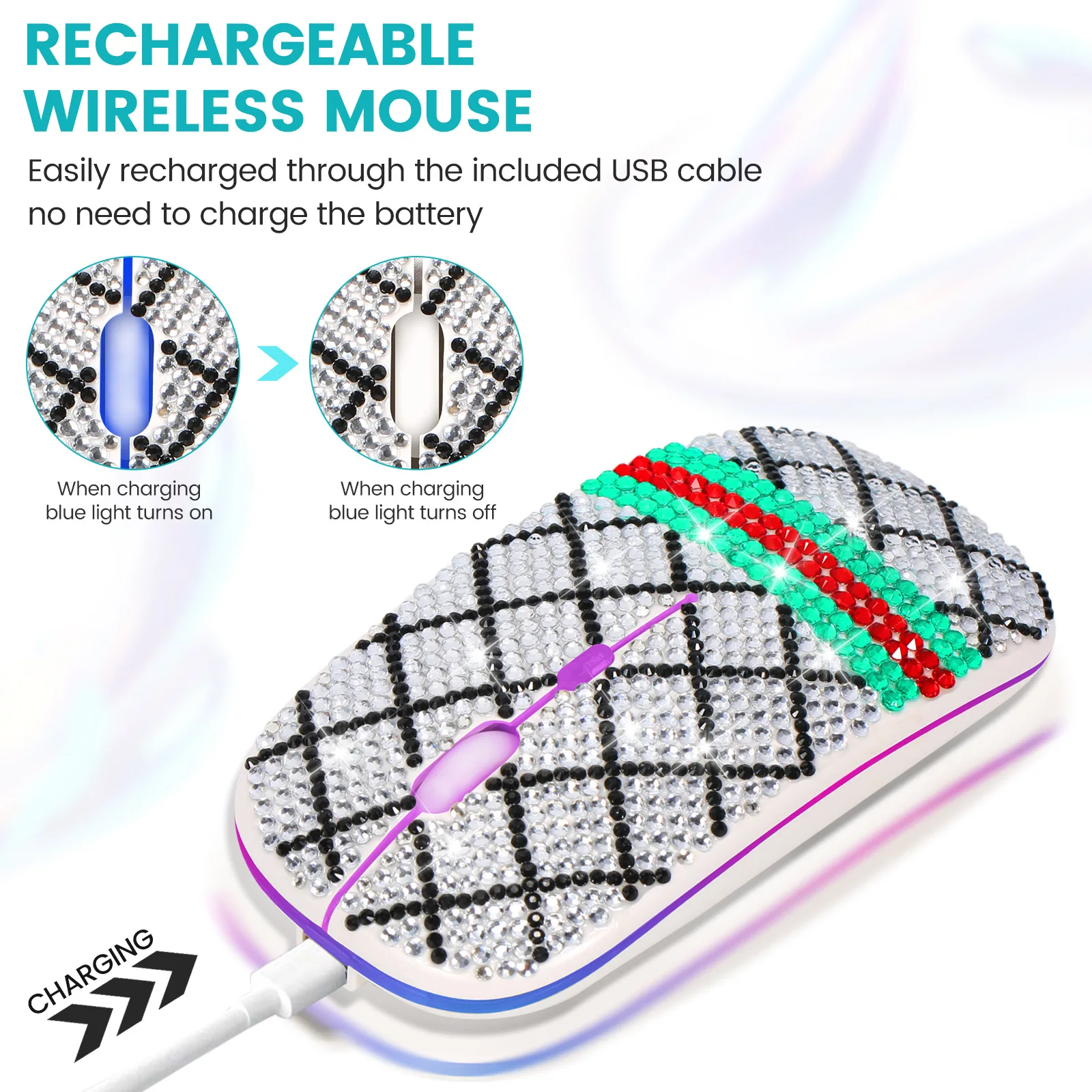 Wireless Bluetooth Mouse with Ancient Diamond Inlay Transparent Lightweight Ergonomic Dual-Mode Charging Mouse for Office Use