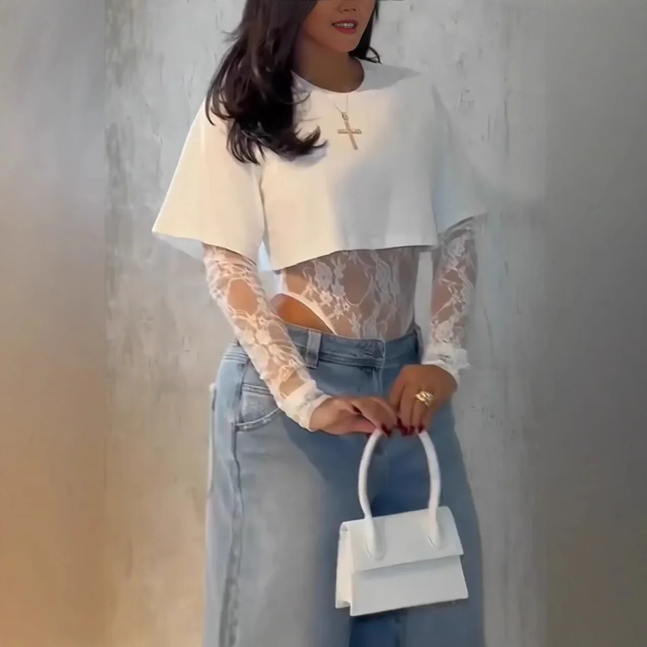 الدانتيل طويلة الأكمام طاقم الرقبة تي شيرت المرأة قطعة واحدة الصيف موضة الشارع الشهير صحيح قطعتين مريحة محبوك البوليستر #2