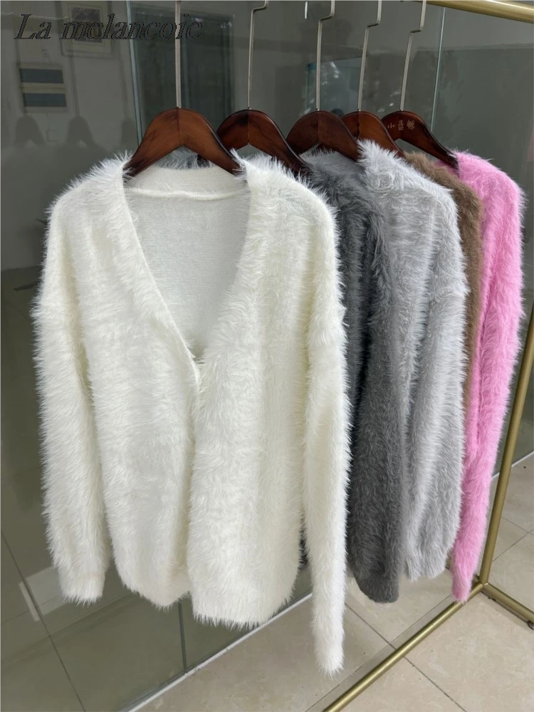 Mitation Mink Wool Knitted Cardigan Sweater Coat Women Fall Winter 2024 New Fashion V-neck Single Breasted Stretch Loose Sweater