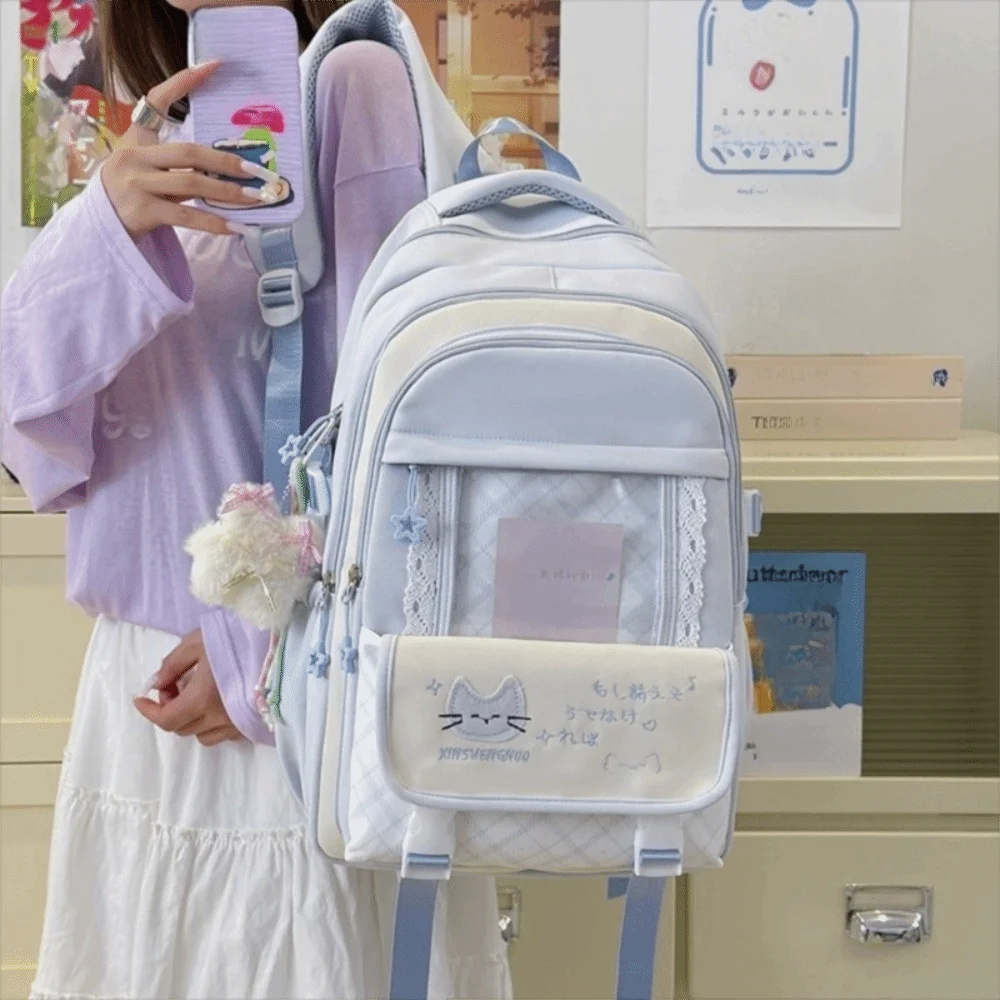 Nylon Hollow Lace Backpack Color-blocked Cute Large Capacity School Bag Transparent Preppy Style Cat Plaid Backpack Travel
