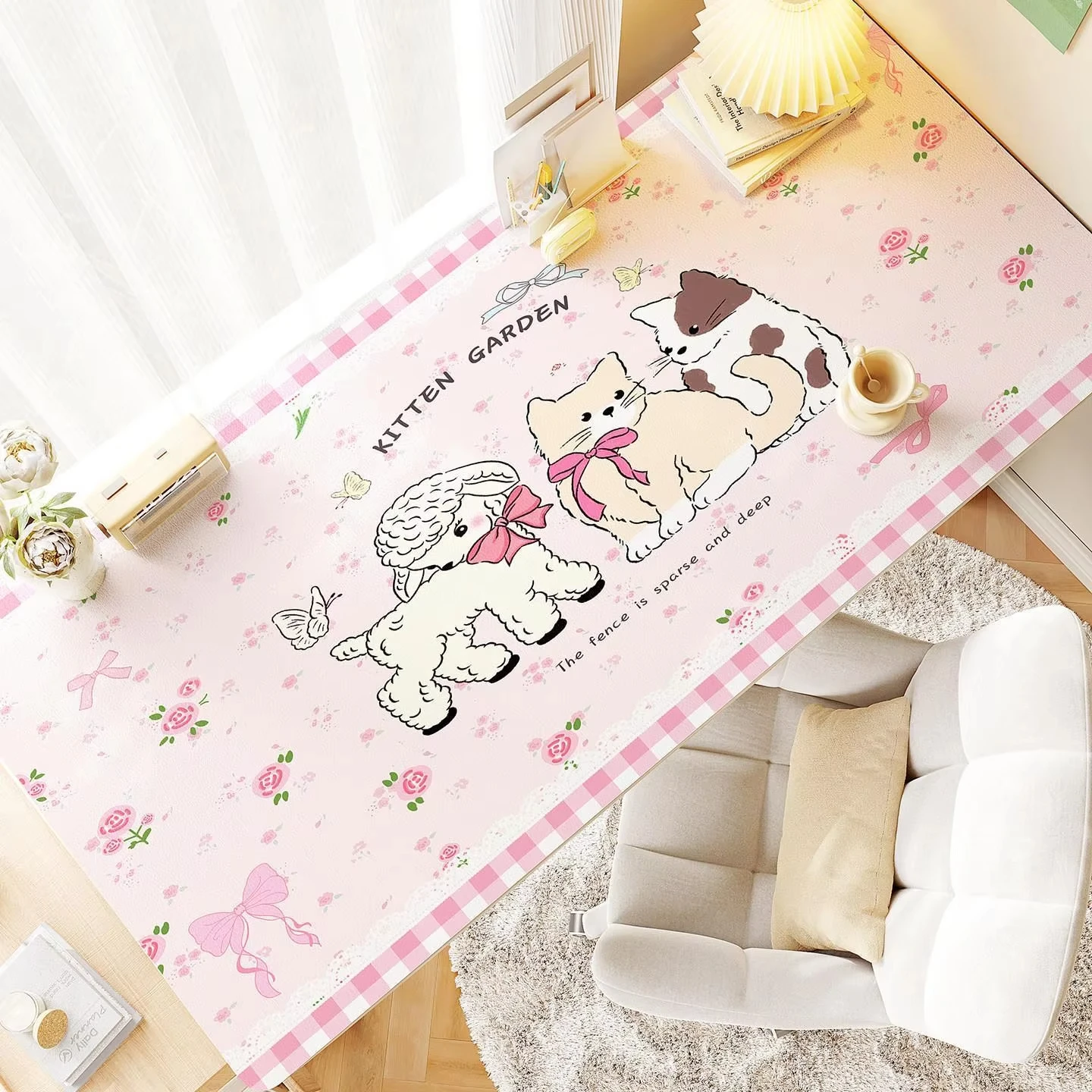 Leather PU Desk Pad Lovely Pink Kitten Bow Cake Cat Sweet Protector Y2K Mouse Pad Office Desk Mat Non-Slip PU Desk Blotter Pad