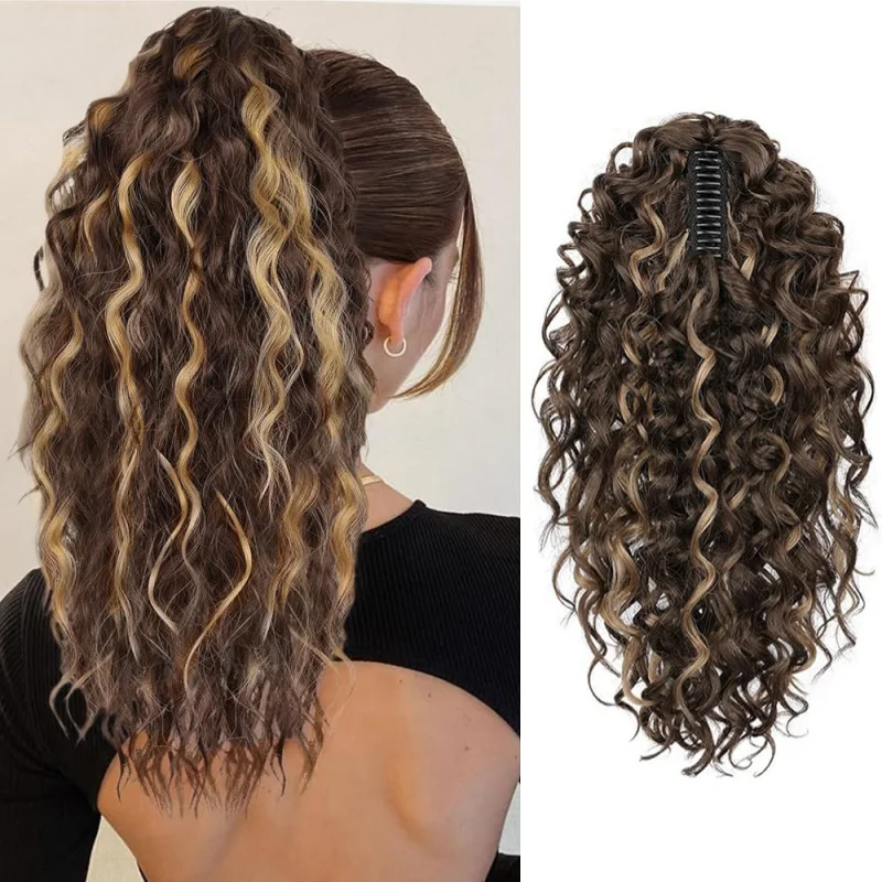 European and American curly 18inch African wavy claw clip ponytail long black-brown