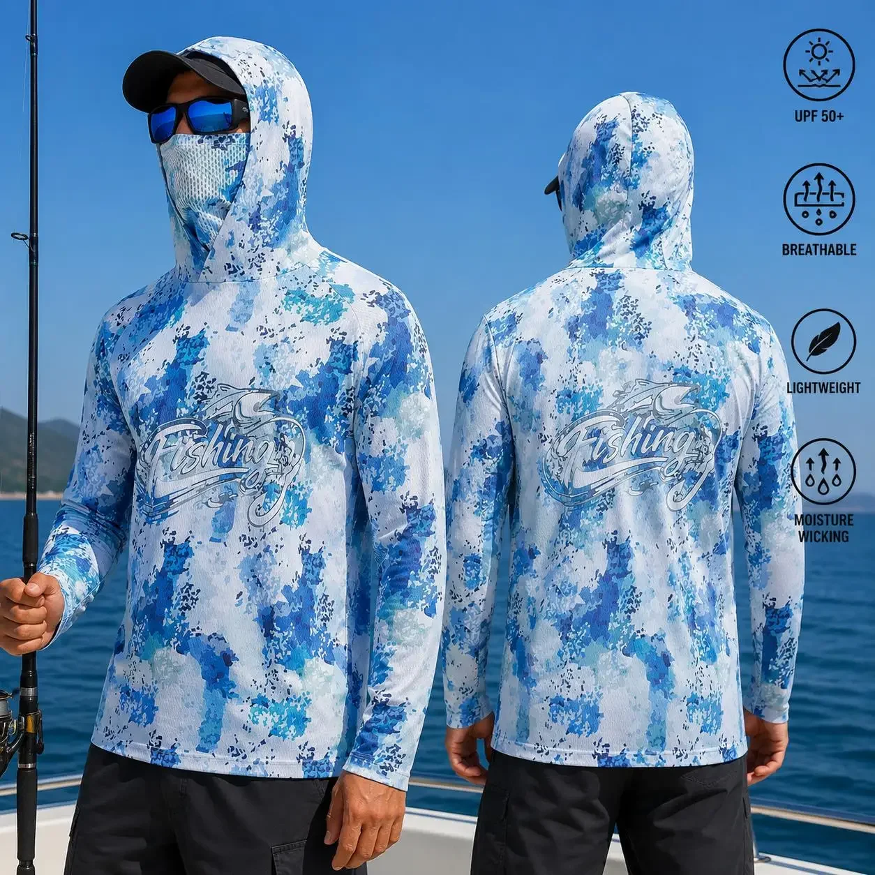 Herren Angelhemd mit Kapuze, UPF50 Sonnenschutz, Gesichtsschutz, langärmlig, Wasserdicht, Tarnmuster, schnelltrocknend, für Outdoor-Angelaktivitäten, UV-Schutz – Detail 2