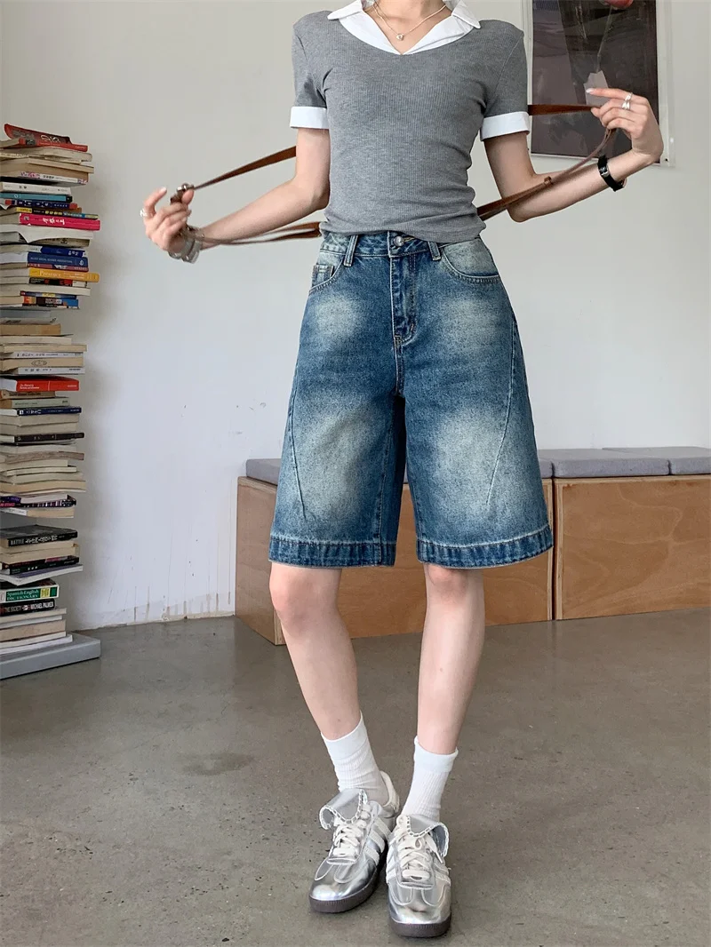 

2025 Trend Women's Y2K Jeans Shorts - Washed Blue Relaxed Fit Denim Bermuda Hipster Retro Low Waist Shorts 2693