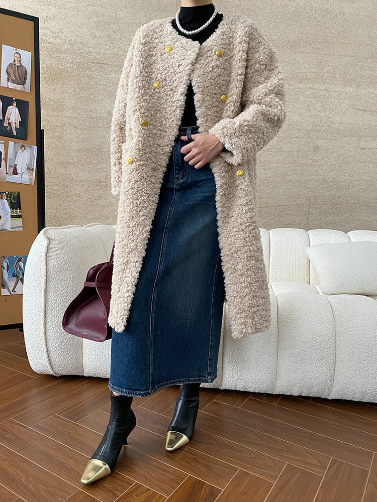 [EAM] Beige Lambswool Thick Warm Big Size Long Jacket New O-neck Long Sleeve Women Coat Fashion Tide Autumn Winter 2024 1DH7884