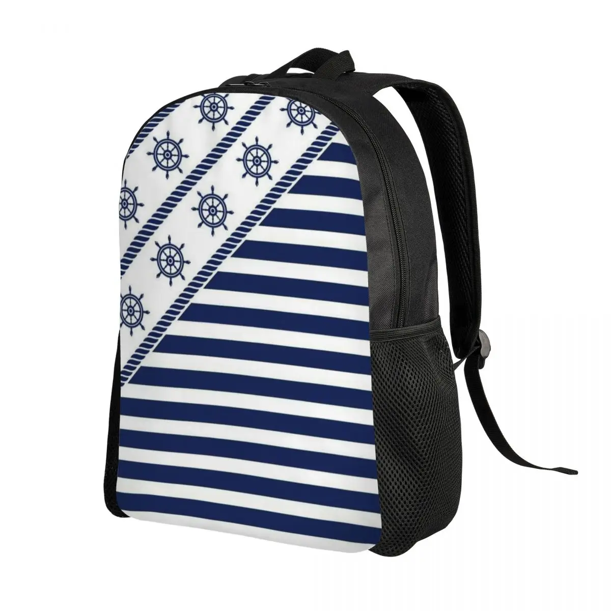 Custom Nautical Wheel Navy Blue Stripes Laptop Backpack Women Men Fashion Bookbag for School College Students Bags