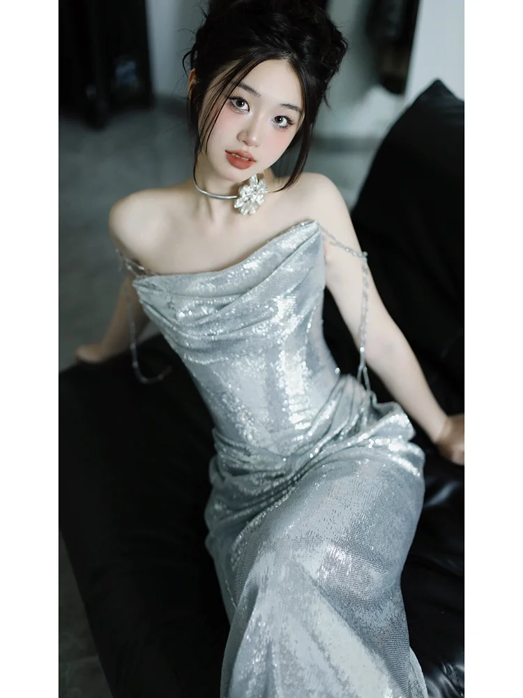 

Длинное вечернее платье с пайетками и эффектом «рыбий хвост» без бретелек для свадеб, торжественных мероприятий, сексуальное женское модное платье