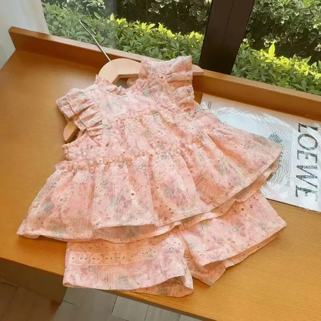 Girl Summer Set New Pink Embroidered Flared Sleeve Doll Shirt Top + Shorts Two-Piece Set