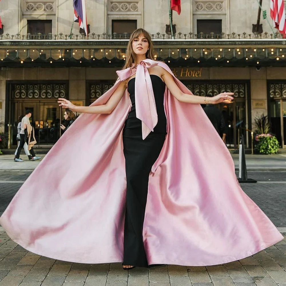

Милая розовая атласная накидка с черным платьем для выпускного вечера без бретелек из тафты, вечернее платье, модные длинные вечерние платья на заказ