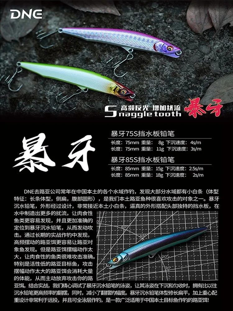 New DNE Baoya 75S/85S Tremble Sinking Pencil Fishing Lure 8g/11g/15g/18g Long Shot High Frequency Reflection Wobbler Fake Bait