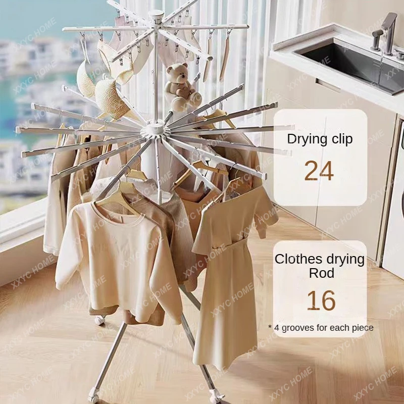 Foldable Clothes Drying Rack, Movable Rotary Laundry Hanger, Clothes Drying Rack with 16 Poles, Upgraded Home Clothes Rack Stand