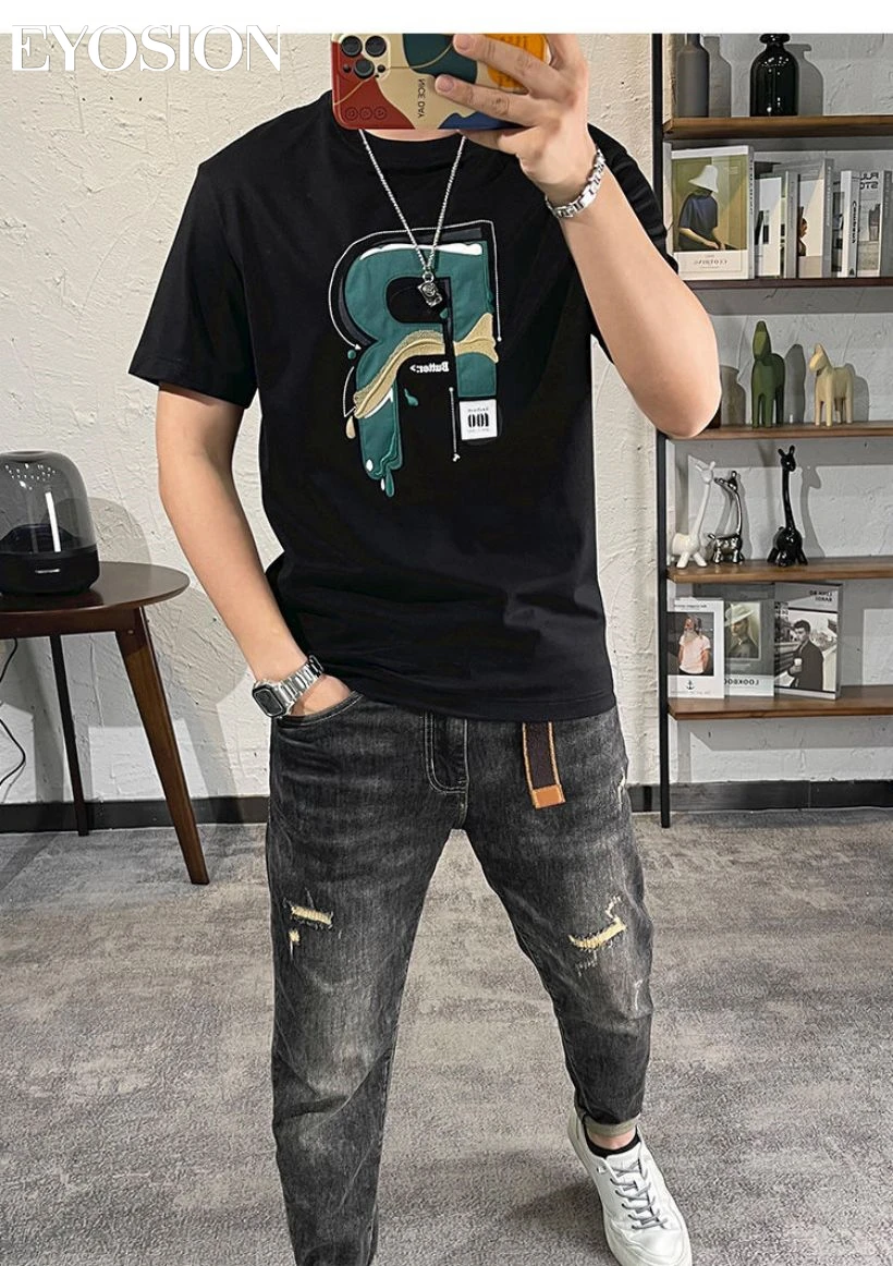 Summer Men‘s T-shirt with Letter Print Cotton Vintage Loose Soft Tshirt Basic Tops Short Sleeve T Shirt Male Tees 5XL