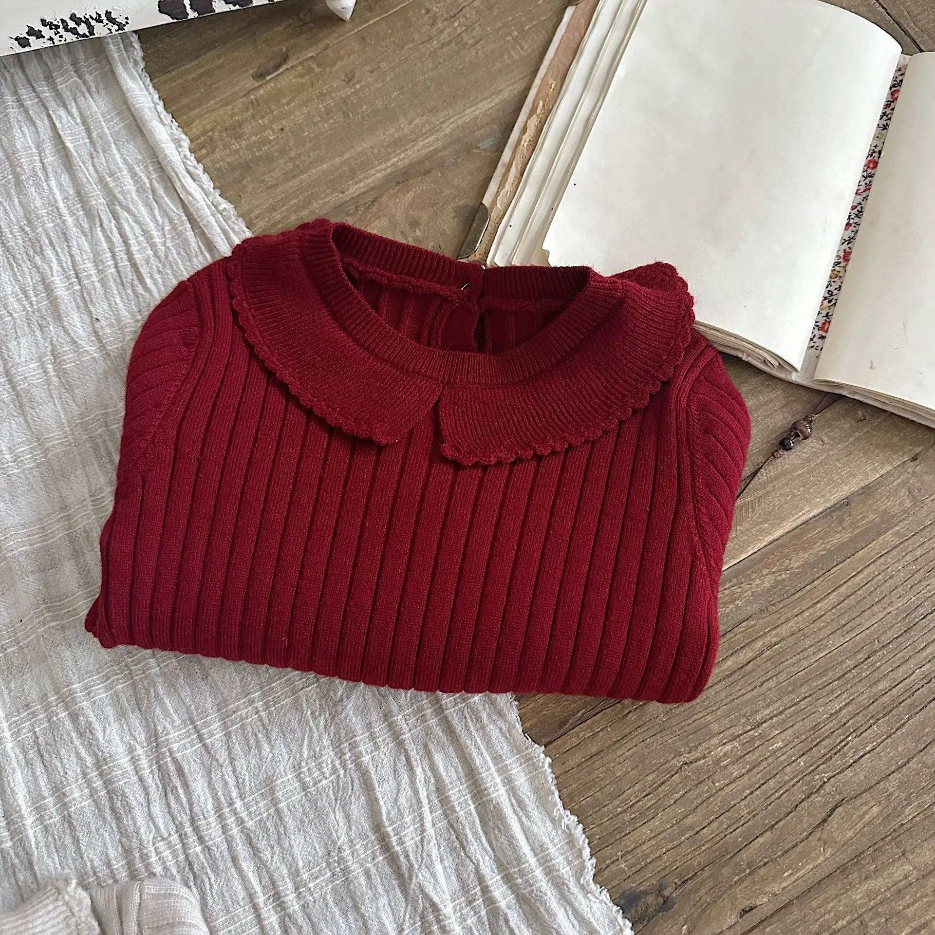 Pull à col en dentelle pour filles, vêtements pour enfants, style coréen, bébé, mode, décontracté, hiver, nouveau, 2024