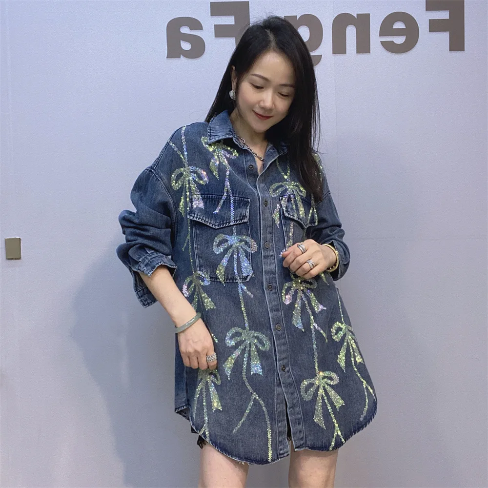 

Женские джинсовые рубашки с бантом из бисера и бриллиантами, весенне-осенние джинсовые блузки со стразами, ковбойские кардиганы с длинными рукавами, топы