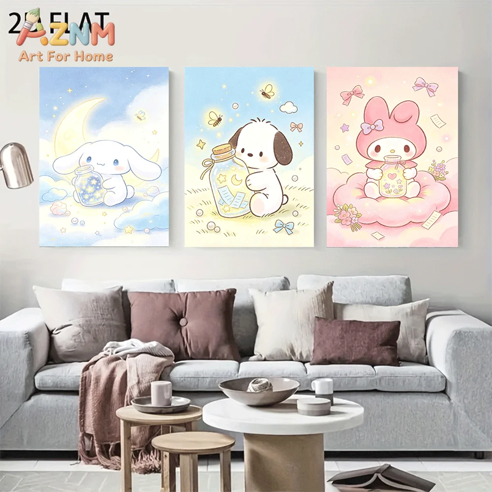 AZNM Sanrio Characters Canvas Wall Art Unframed Cute Cartoon Print Poster Cinnamoroll Pochacco My Melody Wish Bottle Moon Cloud
