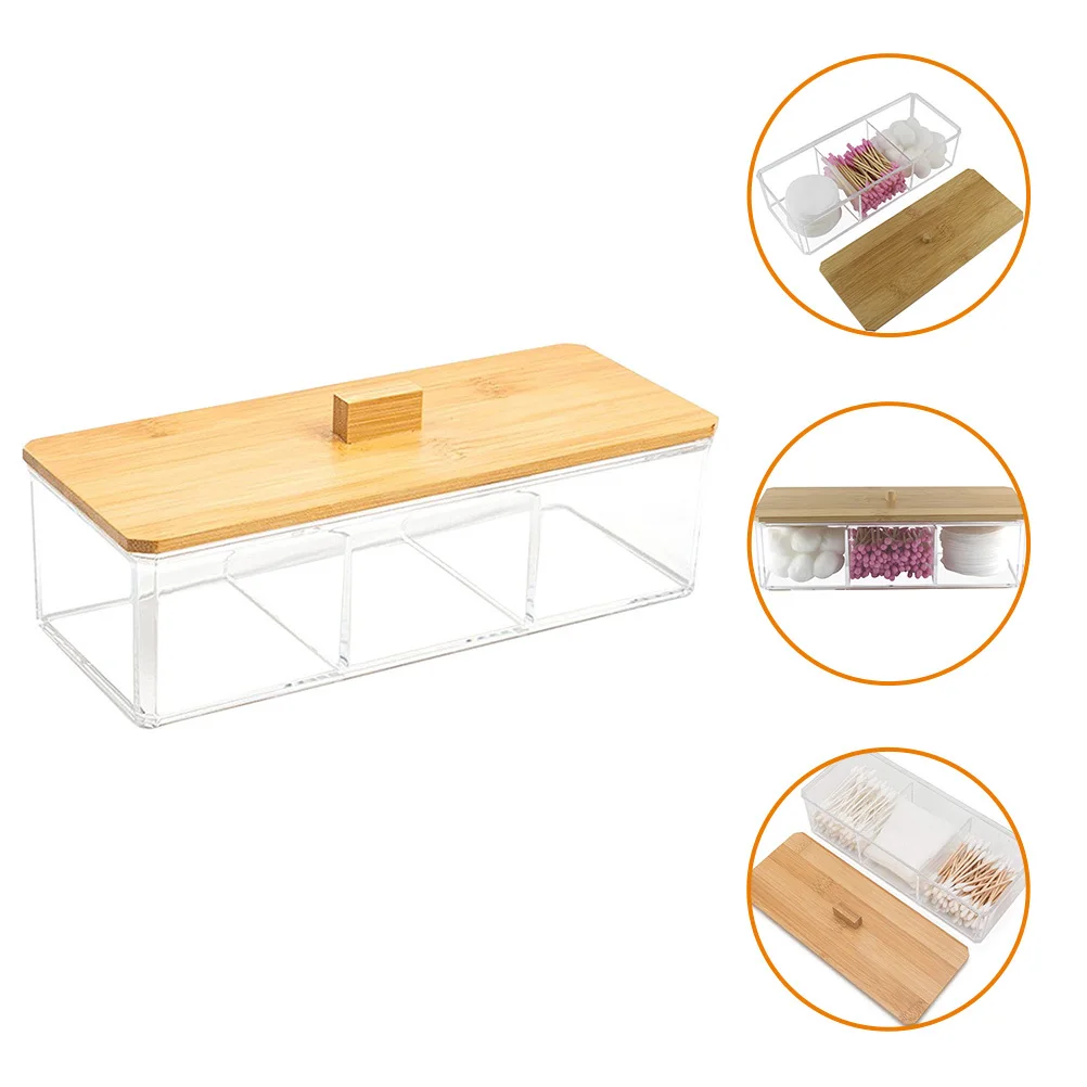 

Bamboo Lid Organizer 3 Compartment Cotton Swab Dispenser Bathroom Countertop Storage Container Acrylic Material Portable
