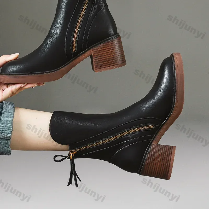 Women\'s Platform Chelsea Boots New Round Toe Chunky Heel Women Brown Ankle Boots Outdoor High Heel Leather Boots Zapatos Mujer