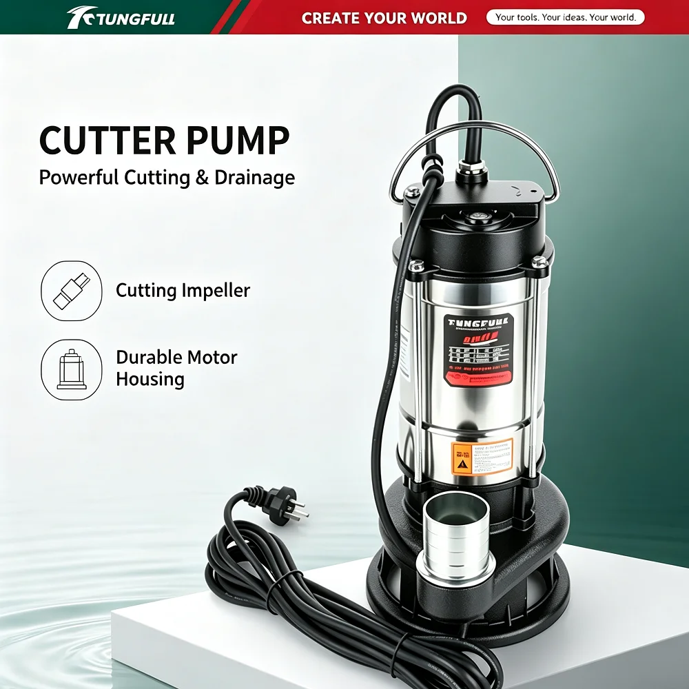 TUNGFULL Heavy‑Duty Cutter Submersible Sewage Pump Stainless Steel Dirty Water Drain Sump Pump For Household Farm Basement Pond