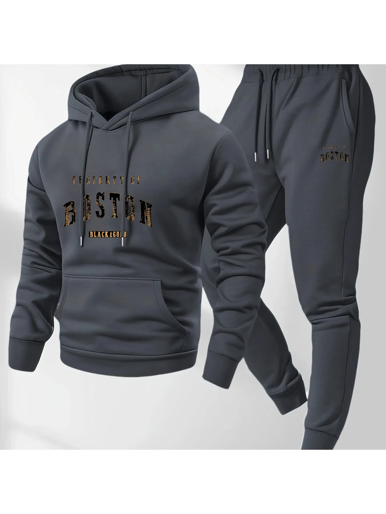 Комплект спортивных штанов с капюшоном и рисунком «Бостон», теплые и мягкие флисовые спортивные штаны, подходящие для осенних и зимних сезонов.