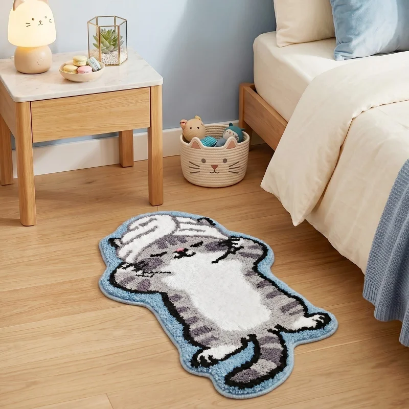 VIKAMA Cute Tabby Cat Bath Mat Irregular Shape Towel Head Non Slip Soft Plush Bathroom Rug Absorbent Floor Mat for Shower Kids