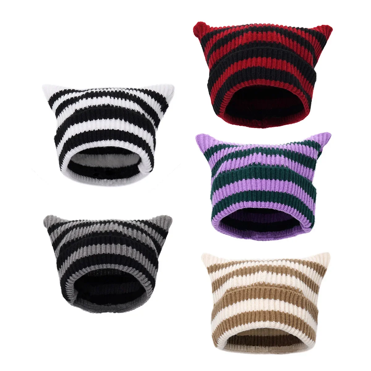 Japanese Y2K Cute Black White Striped Cat Ears Wool Hat Women Autumn Winter Warm Little Devil Hanging Ball Knitted Beanie Hat