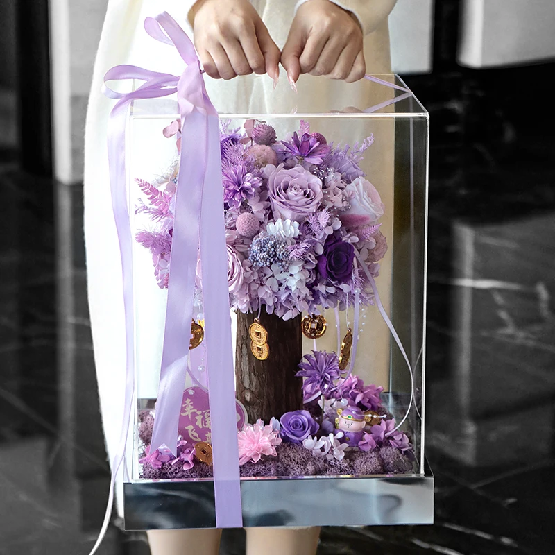 Light luxury eternal flower purple real bouquet fortune tree furniture high-end ornaments for girlfriends' birthday, golden wed