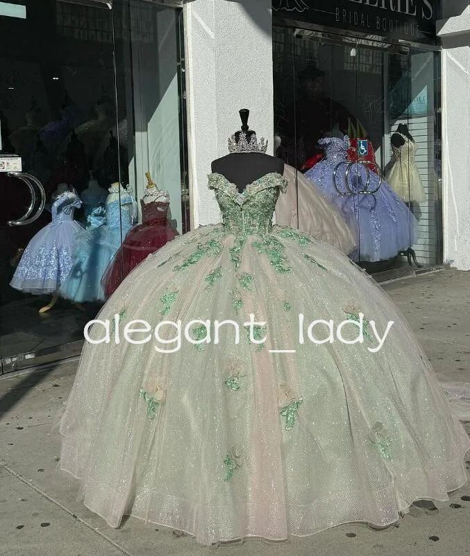 Champagne Green Sparkly Princess Quinceanera Dresses Gillter Applique Off Shoulder Boning vestidos 15 Quinceañera Prom Sweet 16