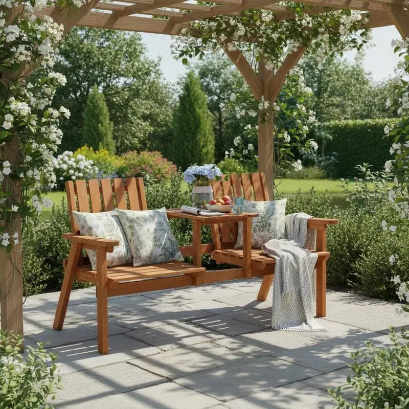 Garden Bench for 2 Persons with Middle Table and Umbrella Hole, 2-Seater Outdoor Wooden Bench with Slat Design, Orange