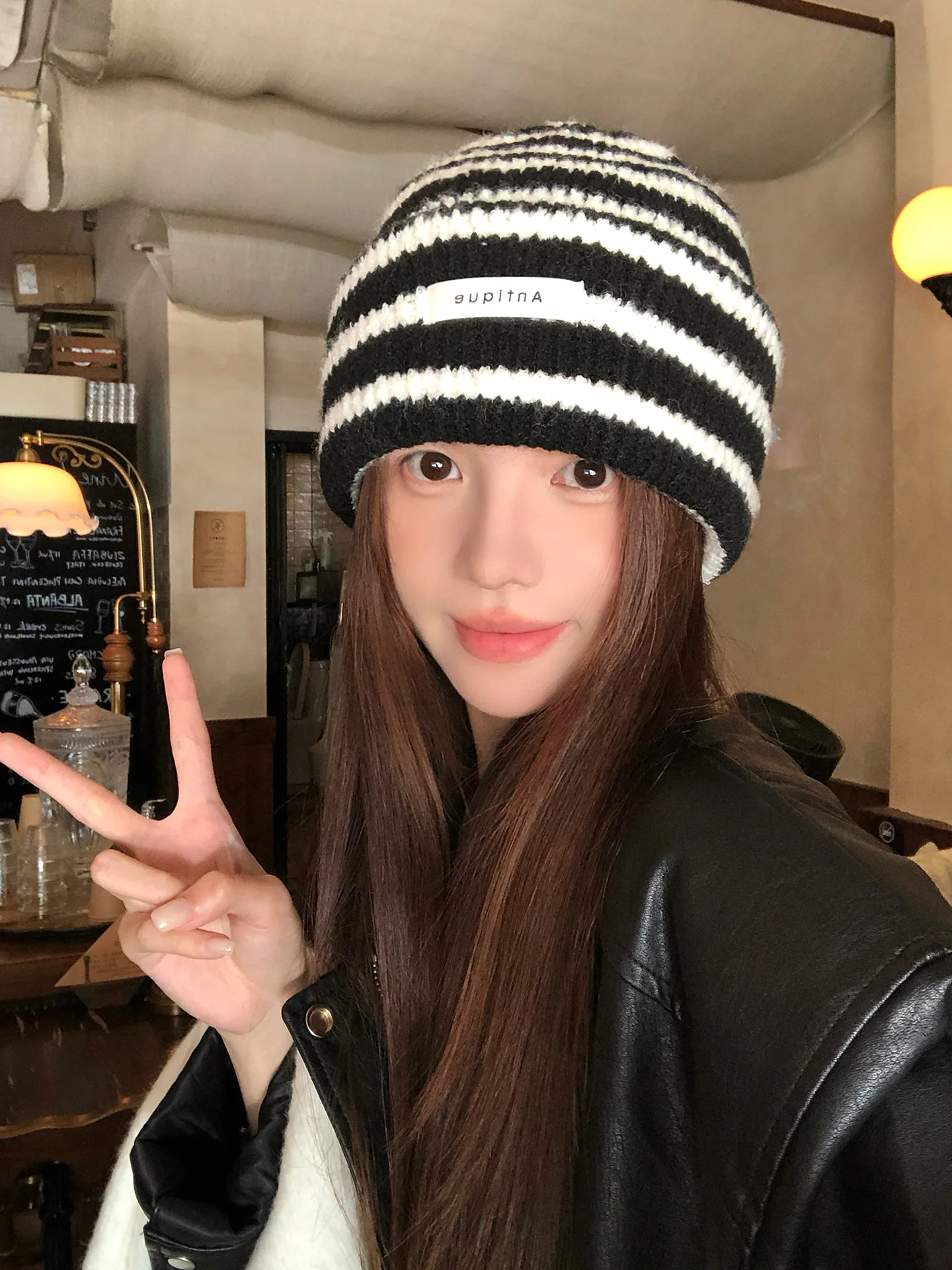 Retro Japanese Striped Letter Fabric Label Knitted Woolen Cap Women's Autumn Winter All-Match Ear Protection Warm Hat