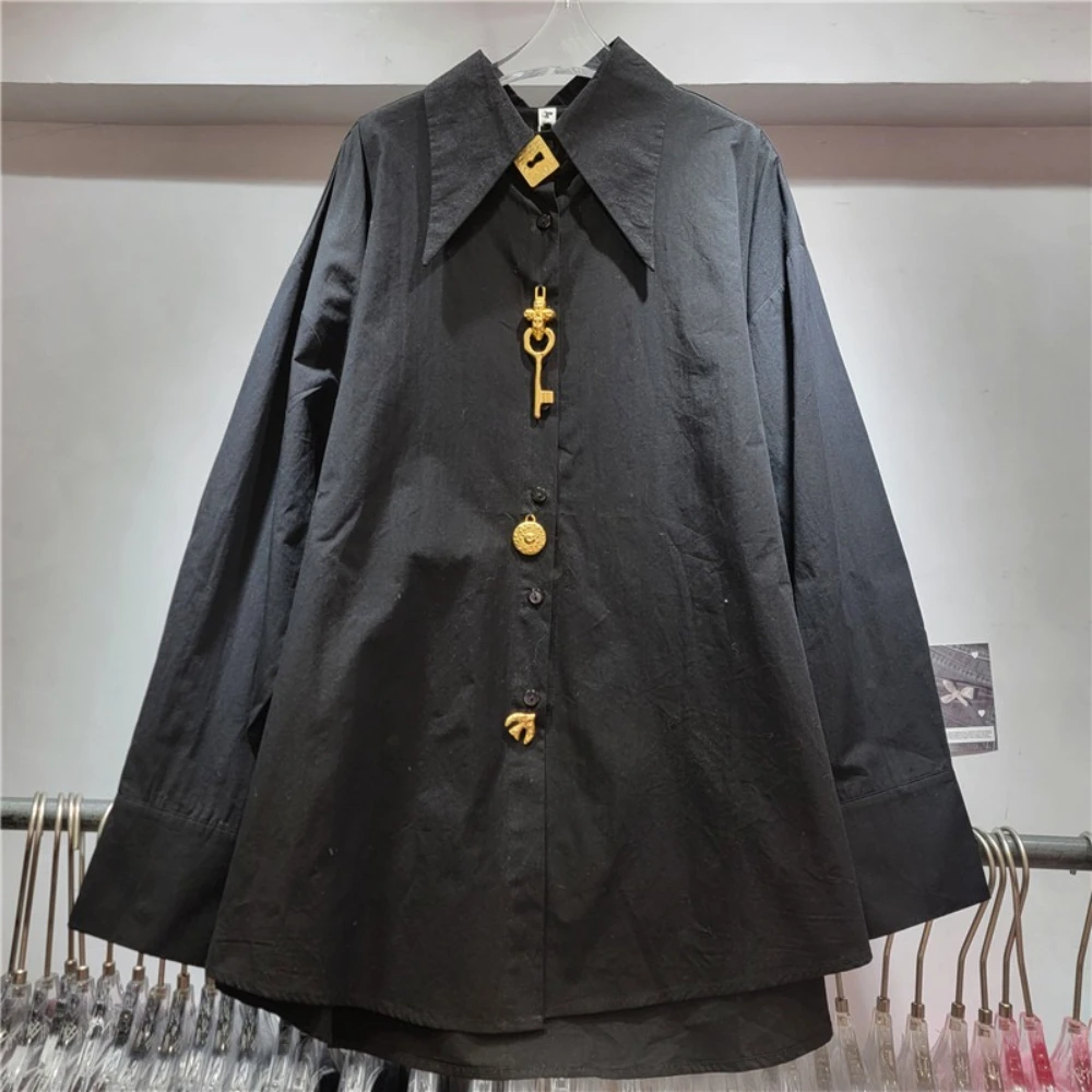 GALCAUR Elegancka koszula damska z guzikami, kołnierzykiem, długim rękawem, luźna, do biura, na dojazdy do pracy, jesienne trendy, nowy styl