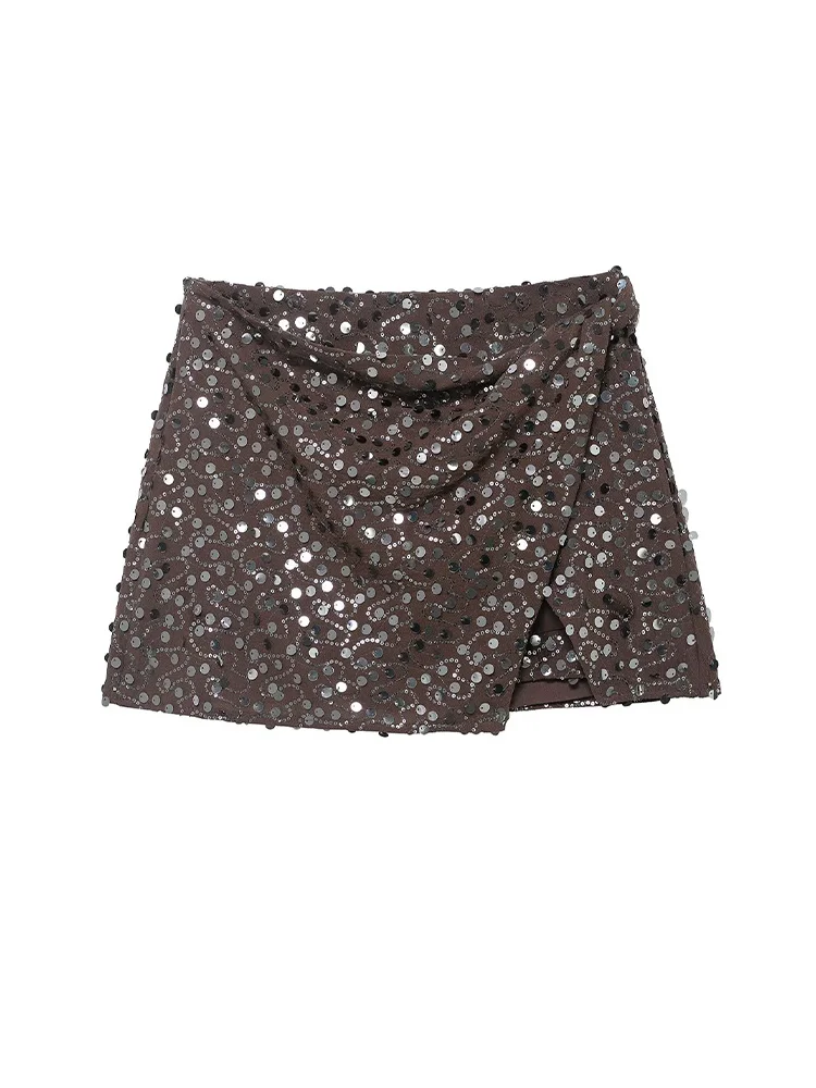 HH mujeres otoño elegante lentejuelas decoración asimétrica Falda corta sólido A-line cremallera lateral forro mujeres Mini faldas delgadas