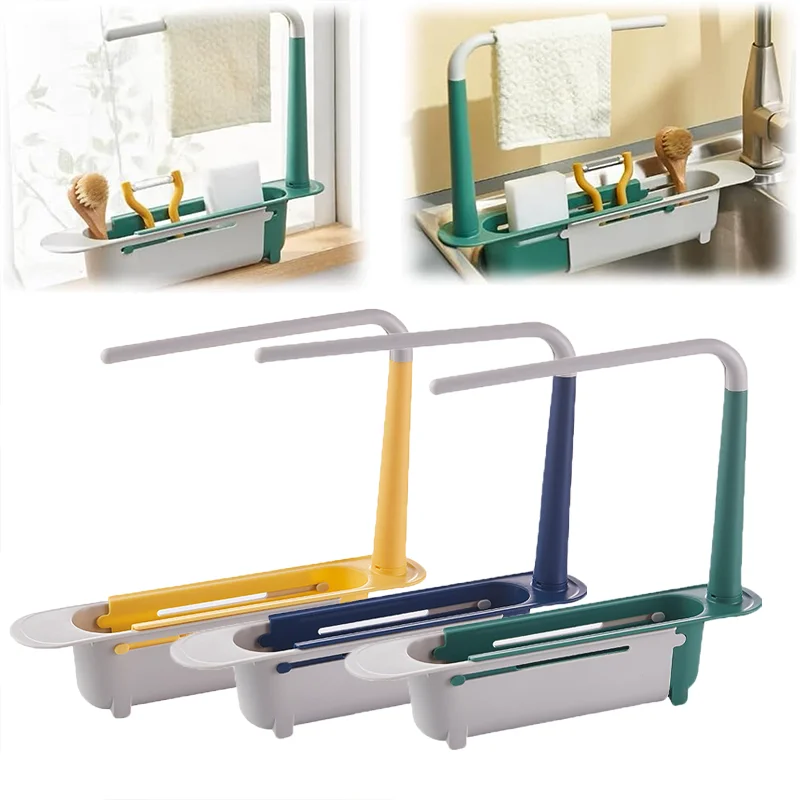 Organizador Telescópico para Fregadero, Estante de Cocina Ajustable con Soporte para Jabón y Esponja, Colgador de Toallas y Cesta Escurridora, Accesorios de Cocina