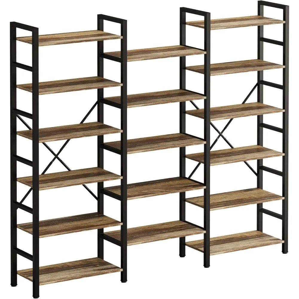 Bookshelves 6 Tiers Triple Wide Industrial Bookshelf, Large Etagere Bookshelf Open Display Shelves with Metal Frame