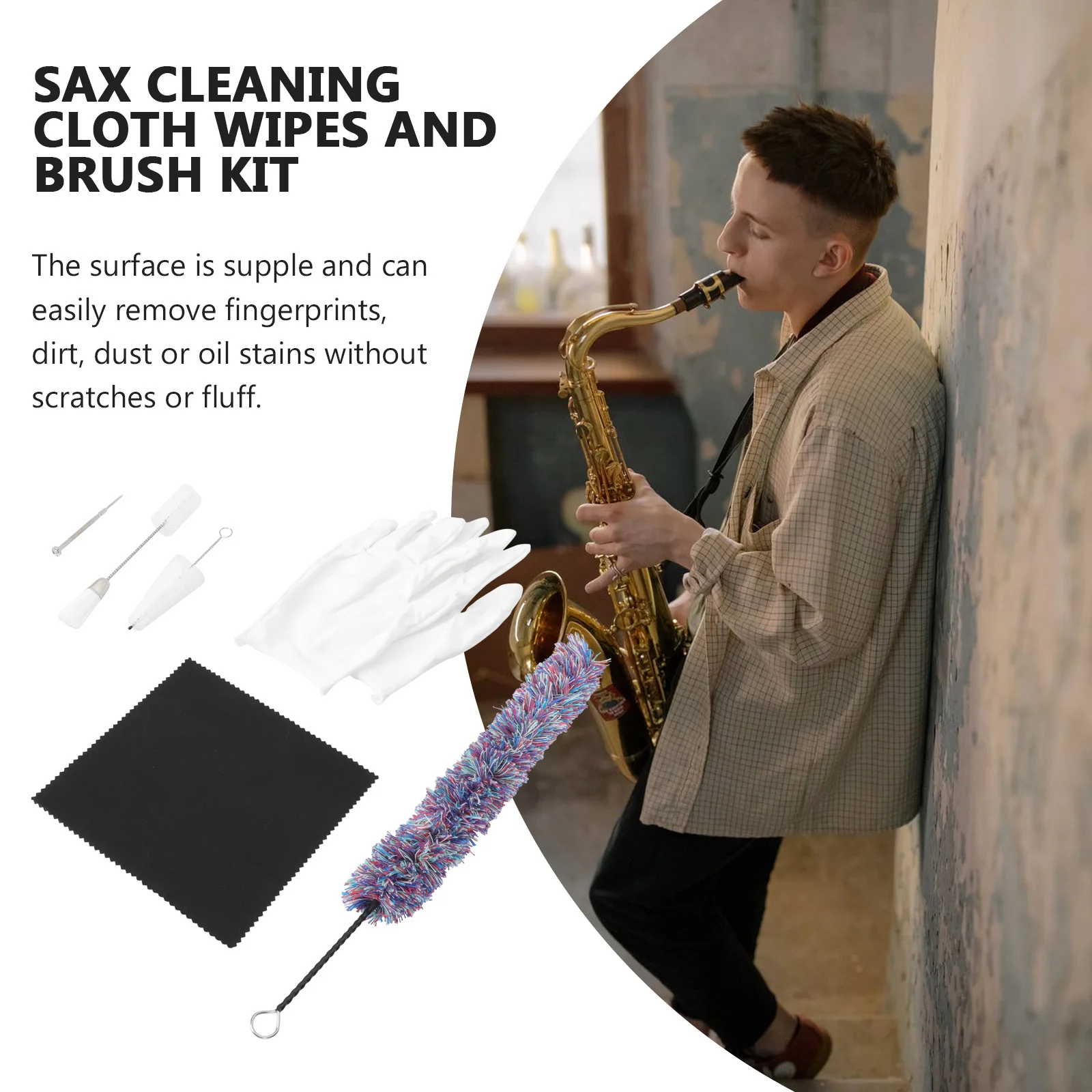

1Set Saxophone Cleaning Brush and Cloth Durable Supplie Reusable No Hair Loss Strong Water Absorption Saxophone Maintenance
