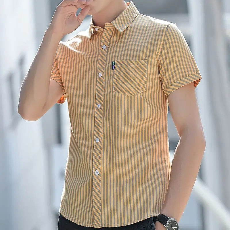 Boyfriend Vintage Button Striped Short Sleeve Turn-down Collar Pockets Cardigan Men\'s Contrast Color Shirt Casual Formal Tops