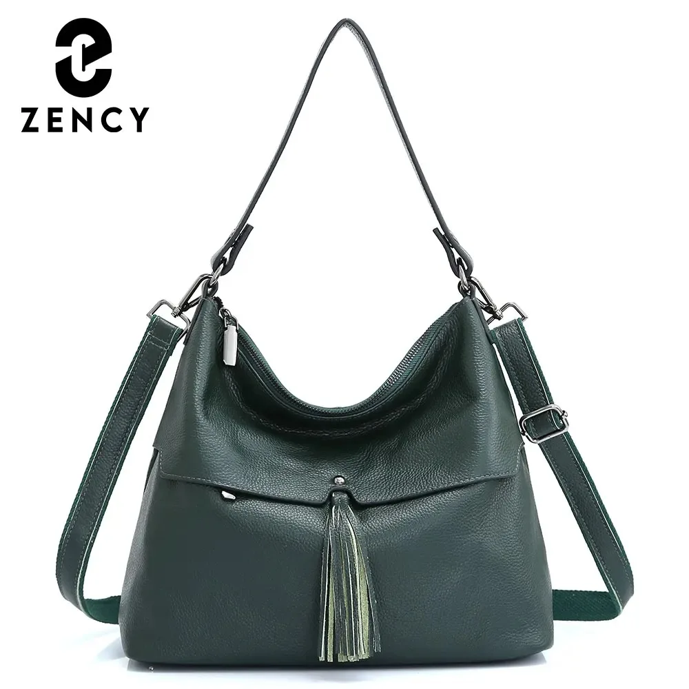 Zency Genuine Leather Shoulder Bag For Women Vintage Simple Casual Crossbody Handbag Female Tassel Shopper Large Tote Bag Winter