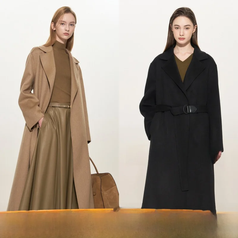 

Double-Sided Woolen Coat with Trench Collar And Waist Belt Flattering Slimming Design Korean Sle Commute Friendly