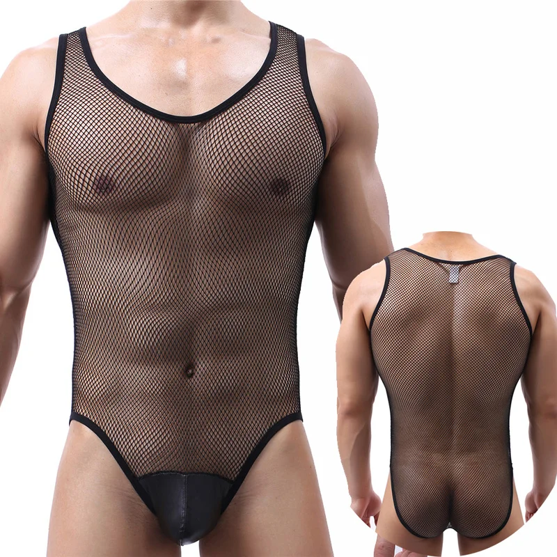 Sexy Mens Undershirts Gay Sissy Lingerie Mesh Sheer Bodysuit Wrestling Singlet Leotard Jumpsuit One-Piece Pajama Sheer Underwear