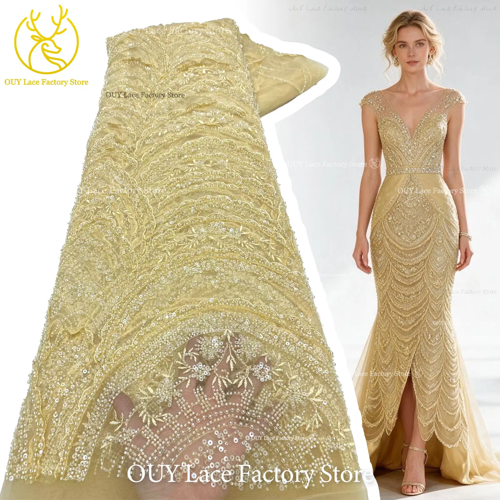 High-End Shiny Heavy Beaded Sheer Tulle Lace Fabric Luxury African Sequin Lace for Ladies Evening Banquet & Wedding Dress Making