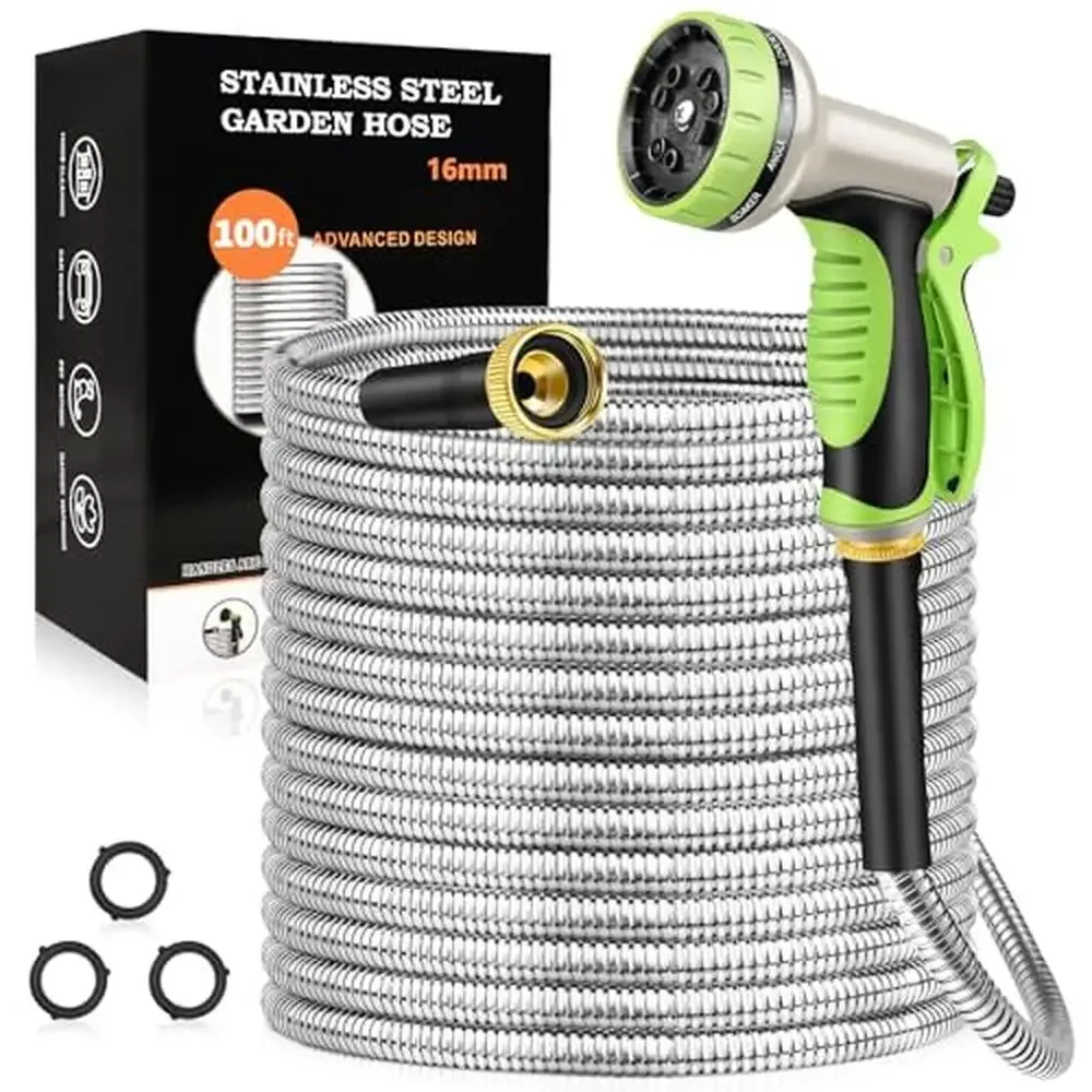 

Heavy Duty Stainless Steel Garden Hose 100ft with 10 Function Nozzle Kink-Free Tough Flexible Lightweight. Ideal Plants Lawn Car