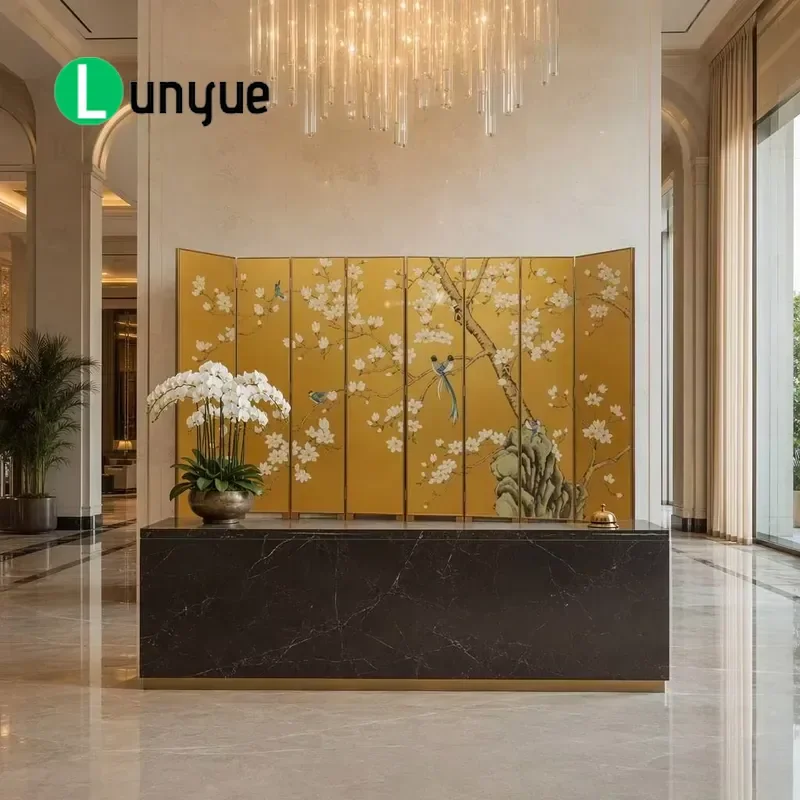 Gold Foil Art Movable Wood Screen Traditional Hand Painted Lacquer Painting Magpies Welcome Spring 6 Pieces Folding Room